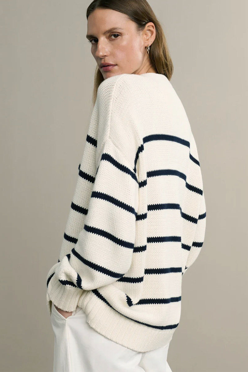 Flattering Striped V Neck Relaxed Knit Cardigan image 3