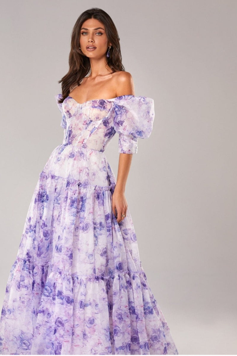 Floral Print Off Shoulder Puff Sleeve Organza Maxi Dress image 8