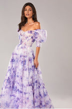 Floral Print Off Shoulder Puff Sleeve Organza Maxi Dress image 8