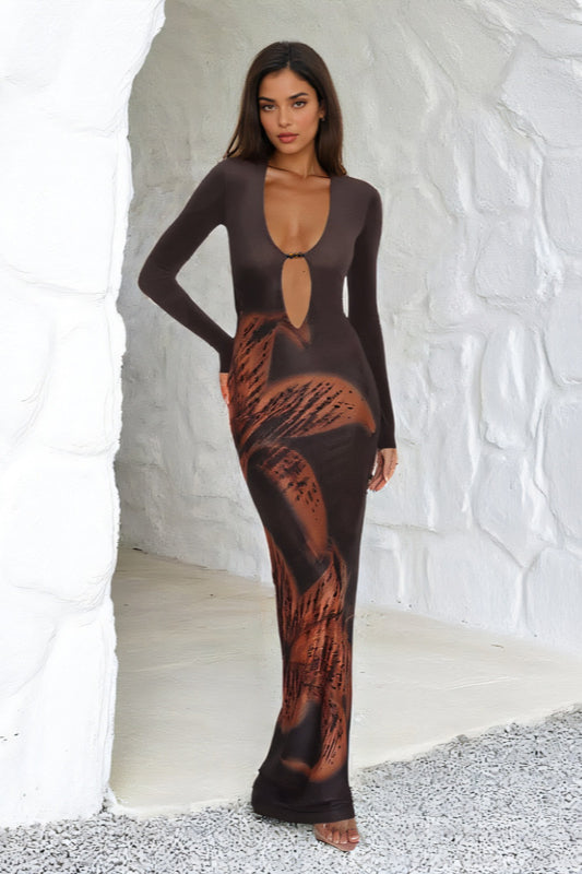Deep V Cutout Print Long Sleeve Maxi Dress image 1