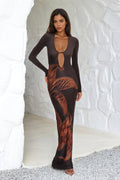 Deep V Cutout Print Long Sleeve Maxi Dress image 1