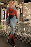Floral Mesh Sheer Round Neck Split Maxi Dress image 1