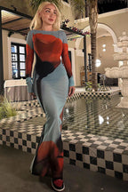 Floral Mesh Sheer Round Neck Split Maxi Dress image 1