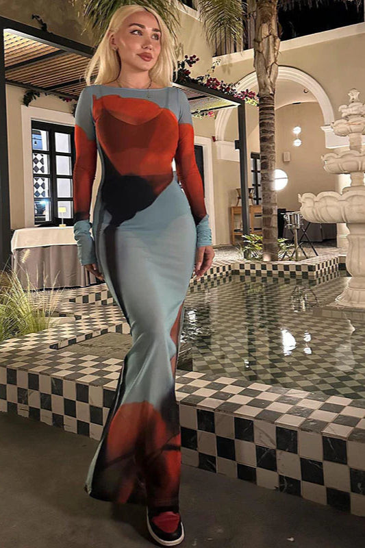 Floral Mesh Sheer Round Neck Split Maxi Dress image 1