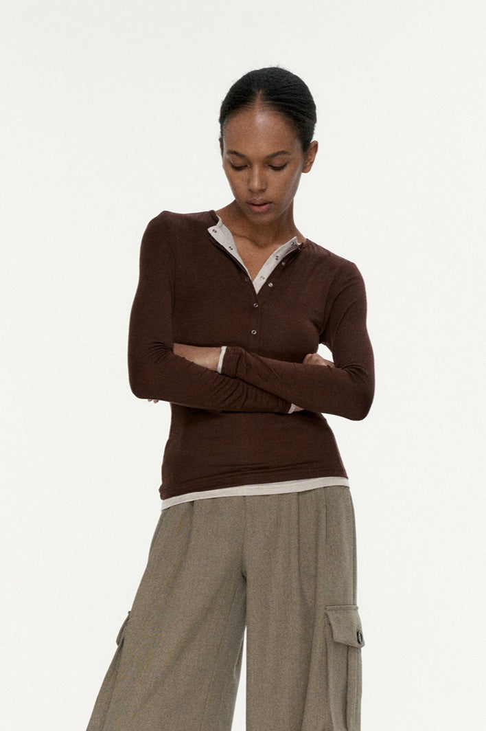 Button Detail Layered Long Sleeve Knit Top image 4