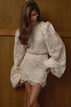 Lantern Sleeve High Collar Lace Skirt Set image 1