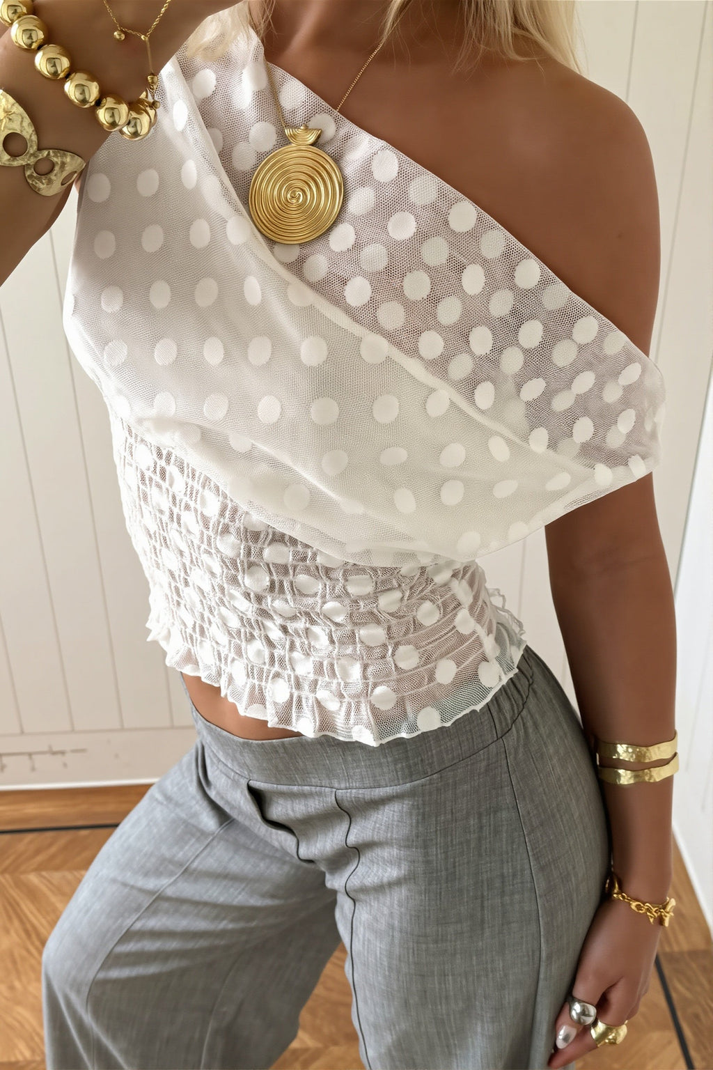 Stylish Polka Dot Mesh Irregular Blouse image 4