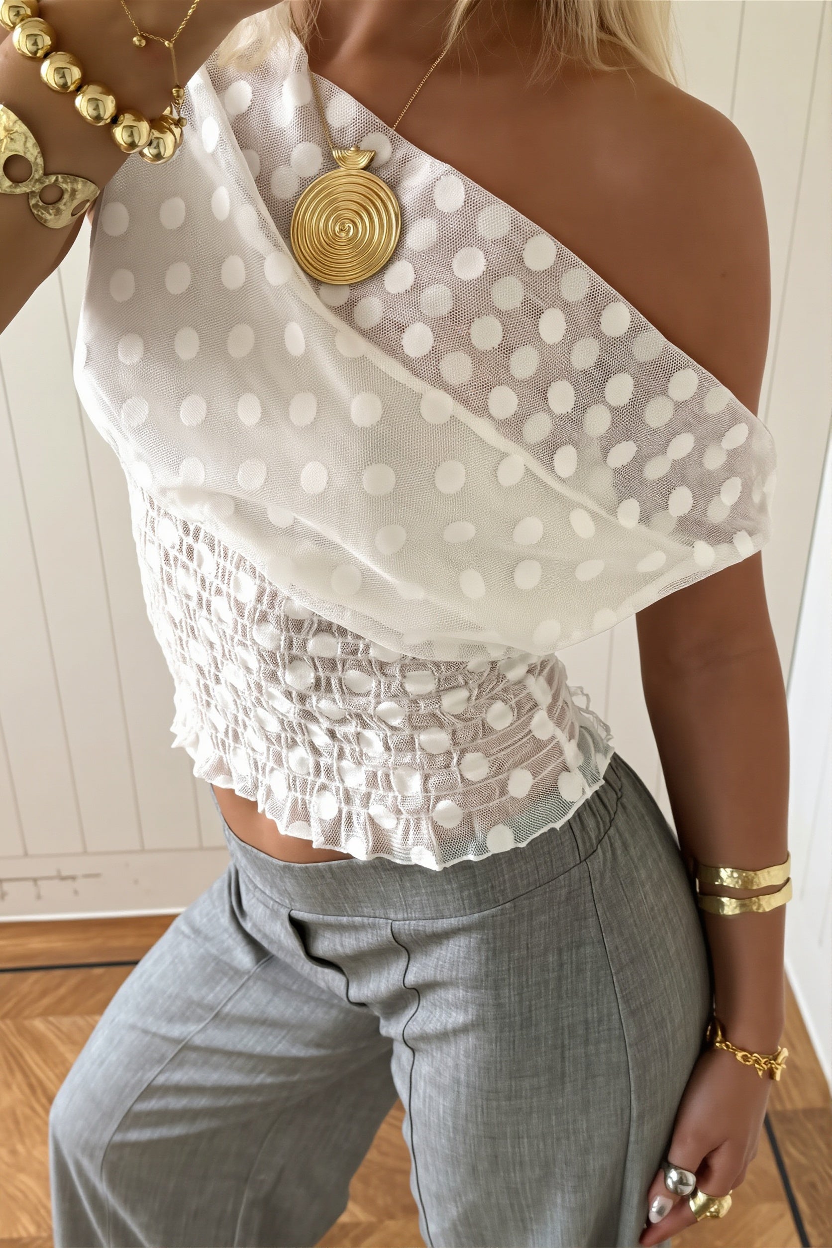 Stylish Polka Dot Mesh Irregular Blouse image 4