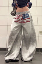 Retro Gray Graphic Drawcord Baggy Sweat Pants image 2