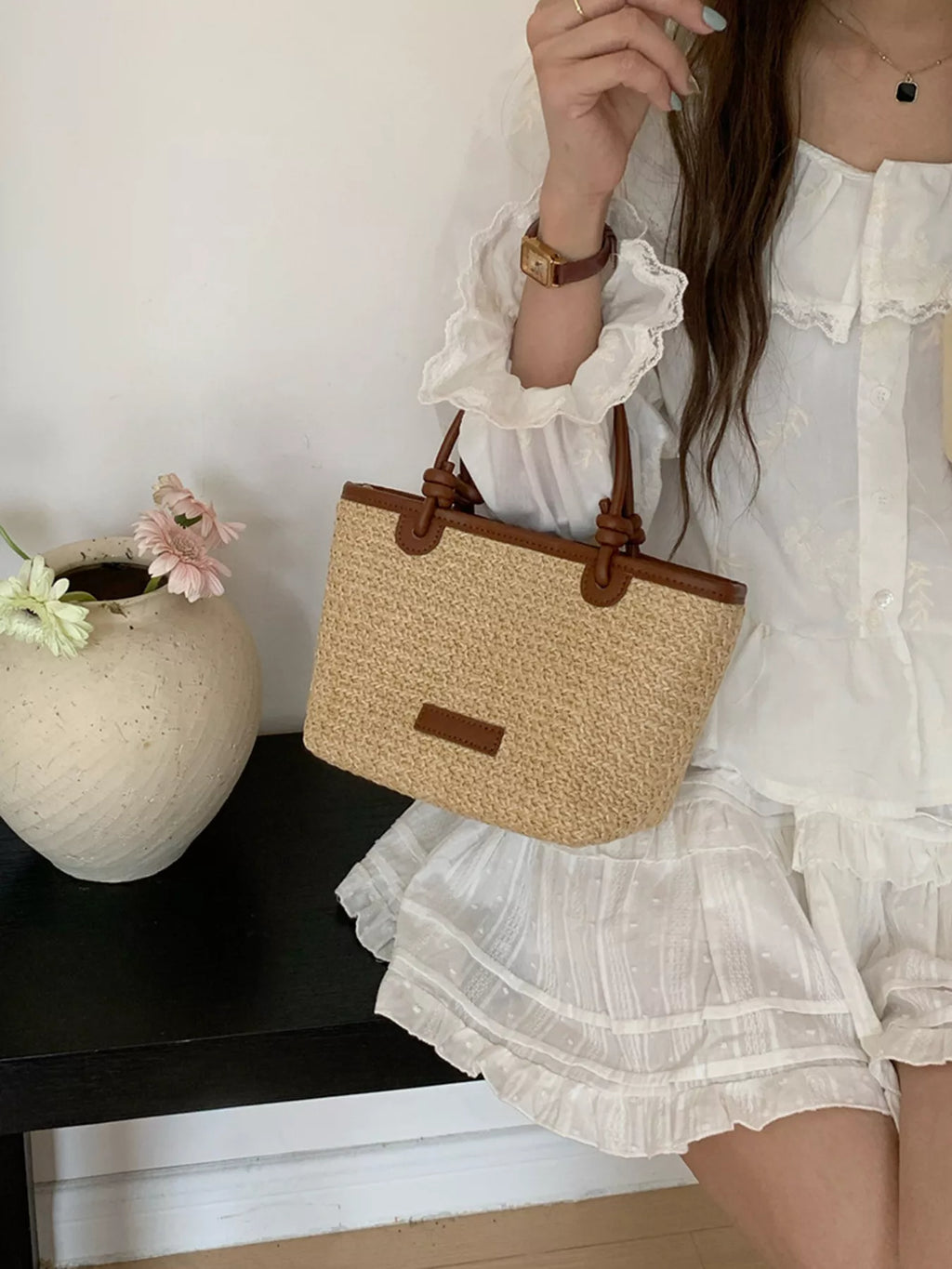 Lumi Straw Crossbody detail view styled for Avrienne