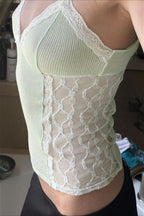 Knit Lace Patchwork Solid Sheer Cami Top image 3