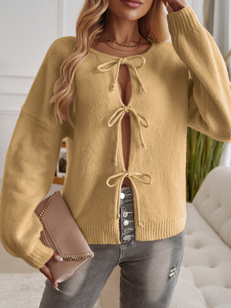 Loose Fit Button-Down Tie-Front Solid Color Sweater image 4