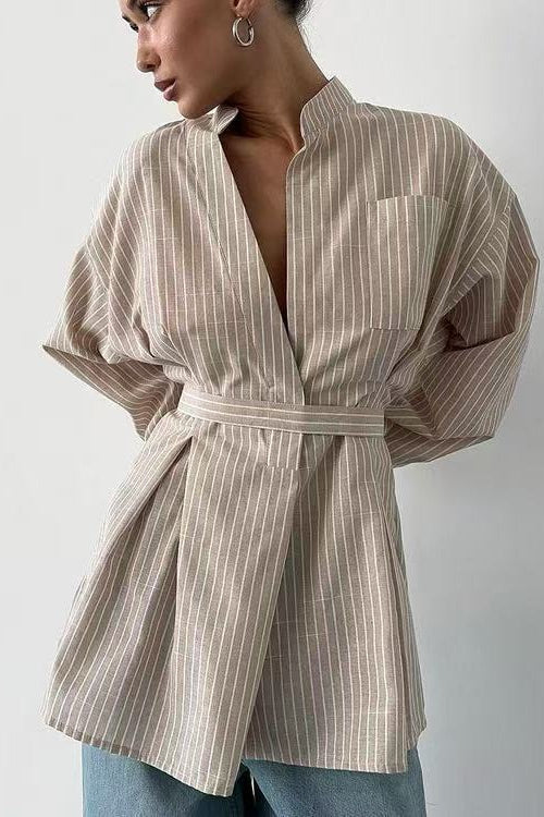 Striped V Neck Irregular Tie Waist Long Sleeve Blouse image 2