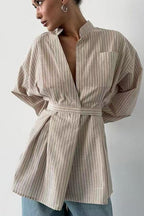 Striped V Neck Irregular Tie Waist Long Sleeve Blouse image 2