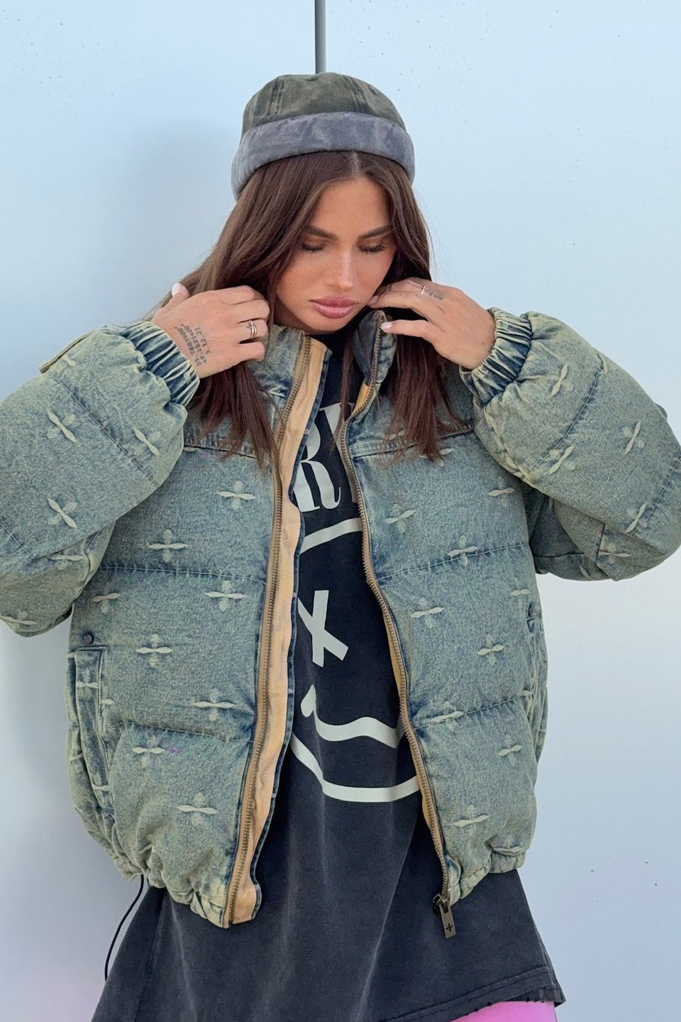 Vintage Washed Cross Embroidery Puffer Jacket image 2