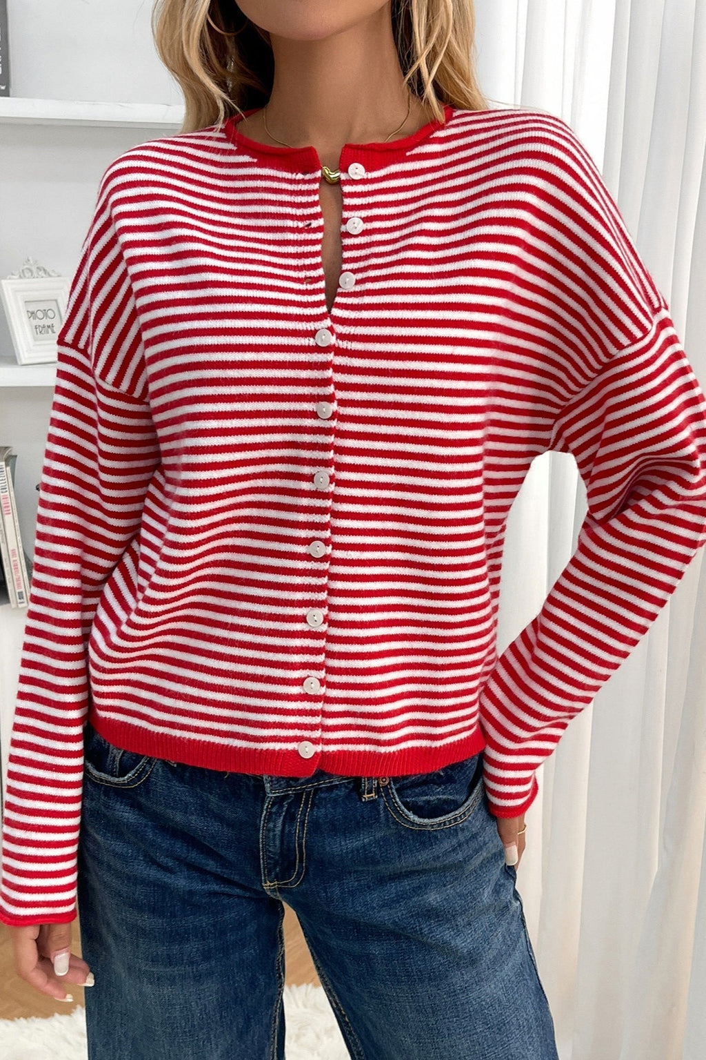Striped Knit Round Neck Cardigan image 1