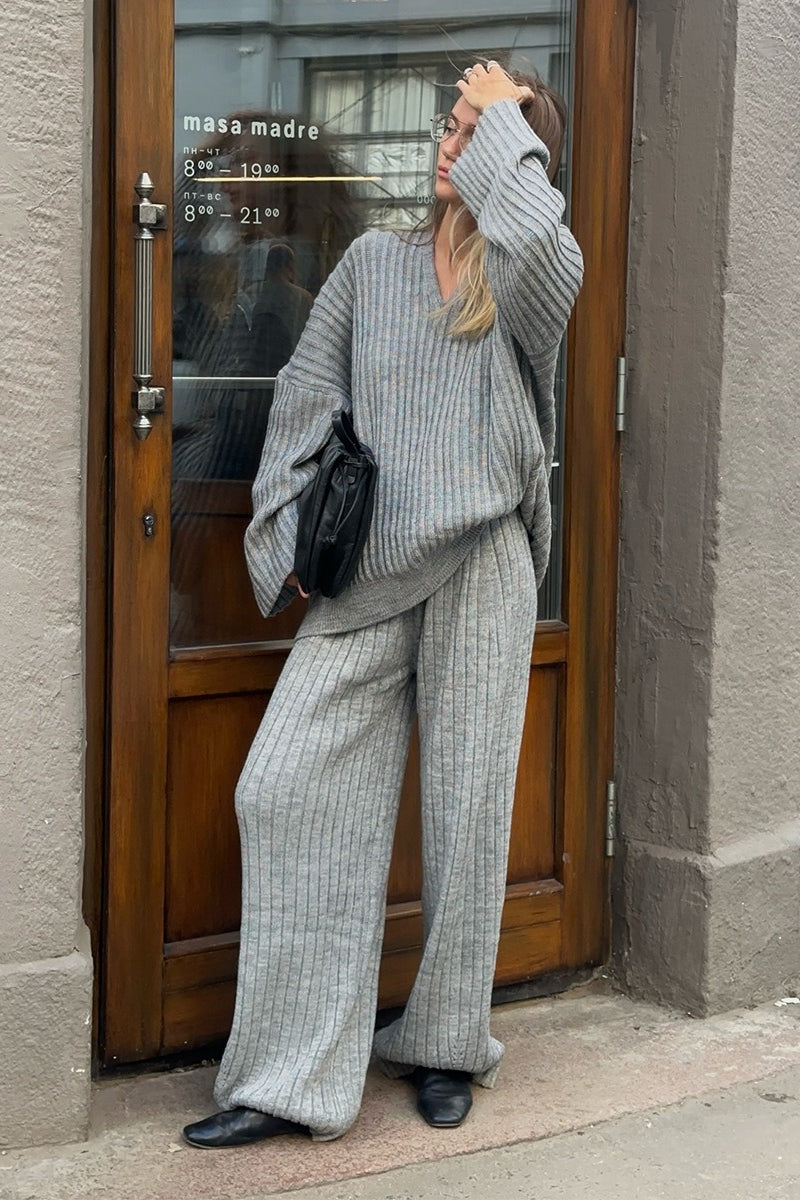 Relaxed Fit V Neck Ribbed Sweater with Pants Two Piece Pants Set image 5