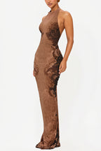 Lace Pattern Halter Backless Maxi Dress image 2