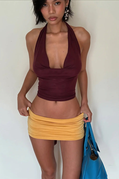 Chic Burgundy Draped V Neck Cinched Crop Blouse image 2