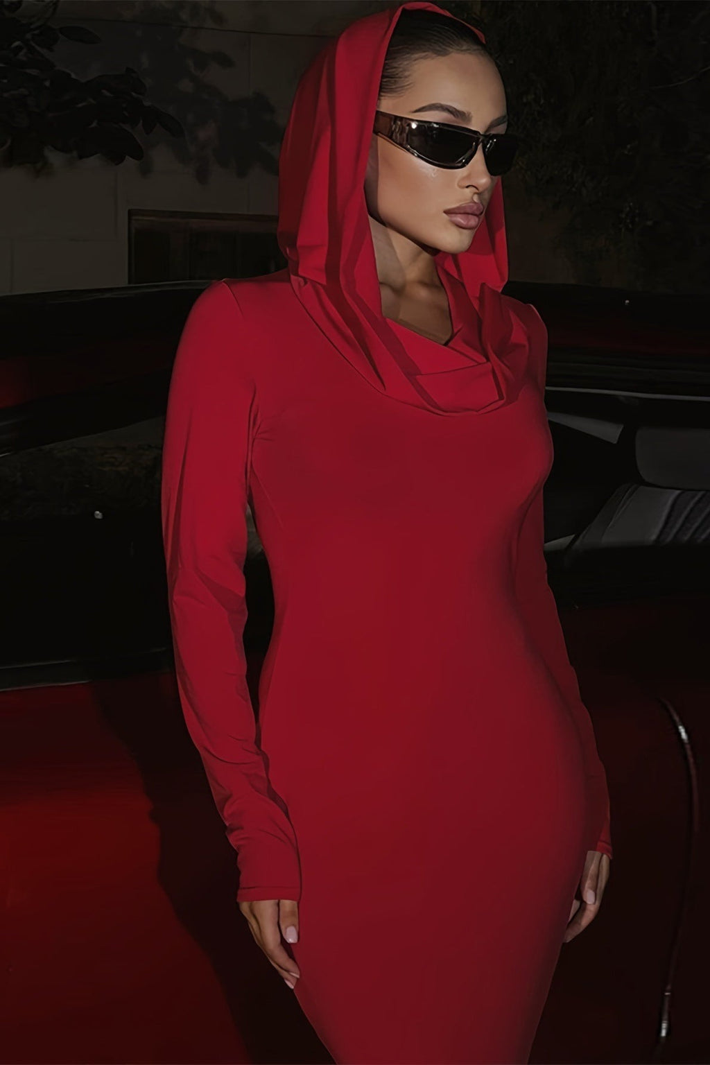 Solid Slim Hooded Mermaid Maxi Dress image 3