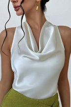 Cassia Satin Blouse detail view styled for Avrienne