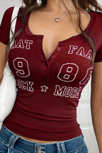 Sexy Letter Print V Neck Slim T-shirt image 9