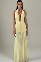Solid Sexy Mesh Patchwork Deep V Halter Maxi Dress image 5
