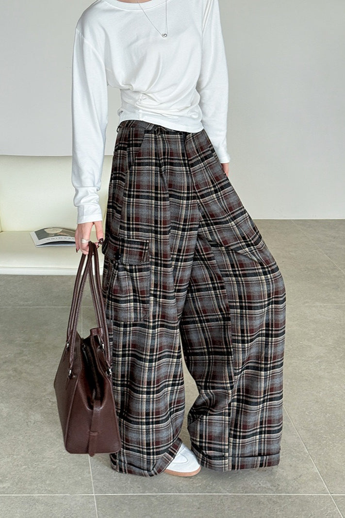 Retro Colorblock Plaid Casual Straight Pants image 2