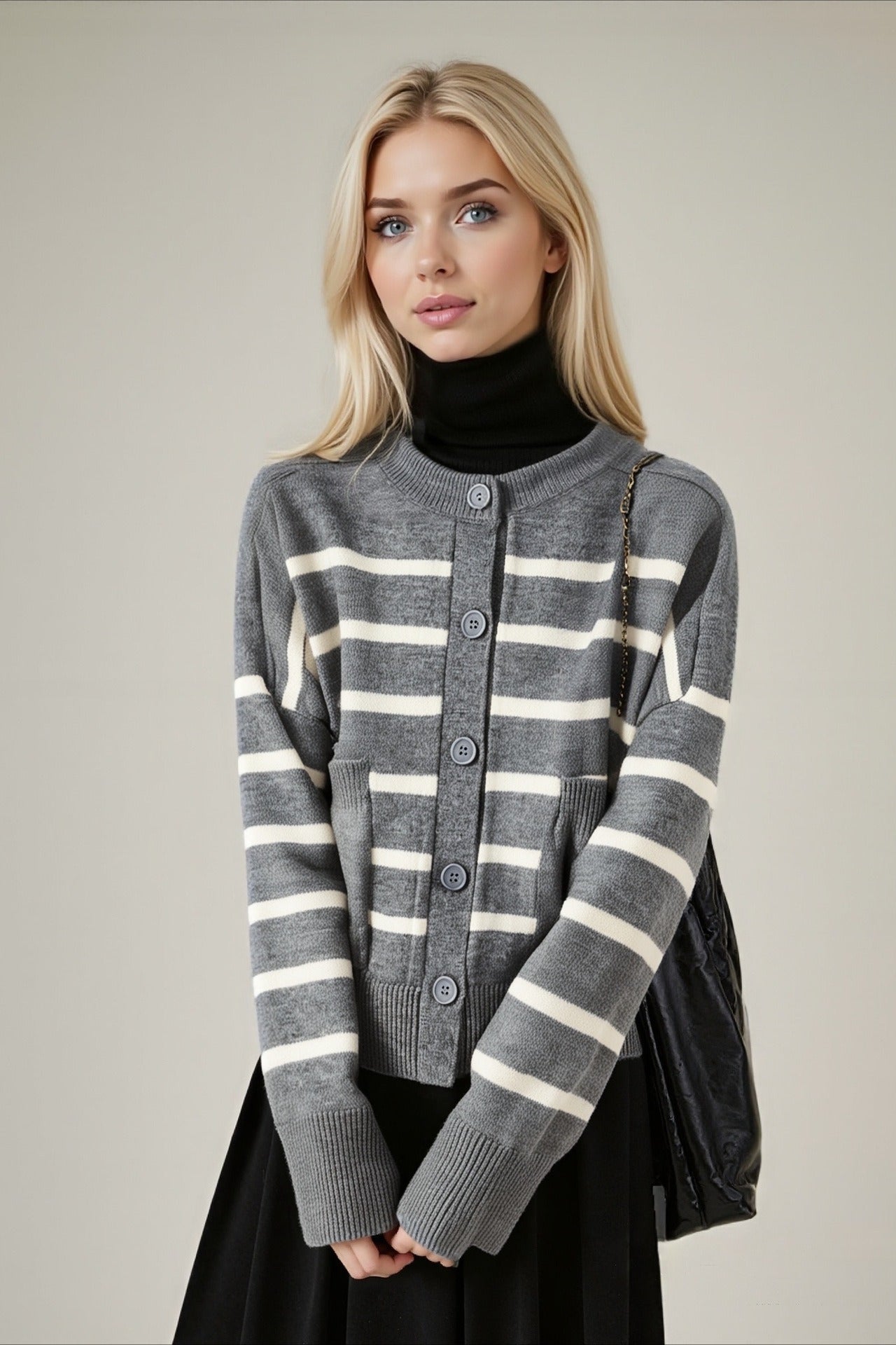 Crew Neck Striped Button Pocket Knit Cardigan image 4