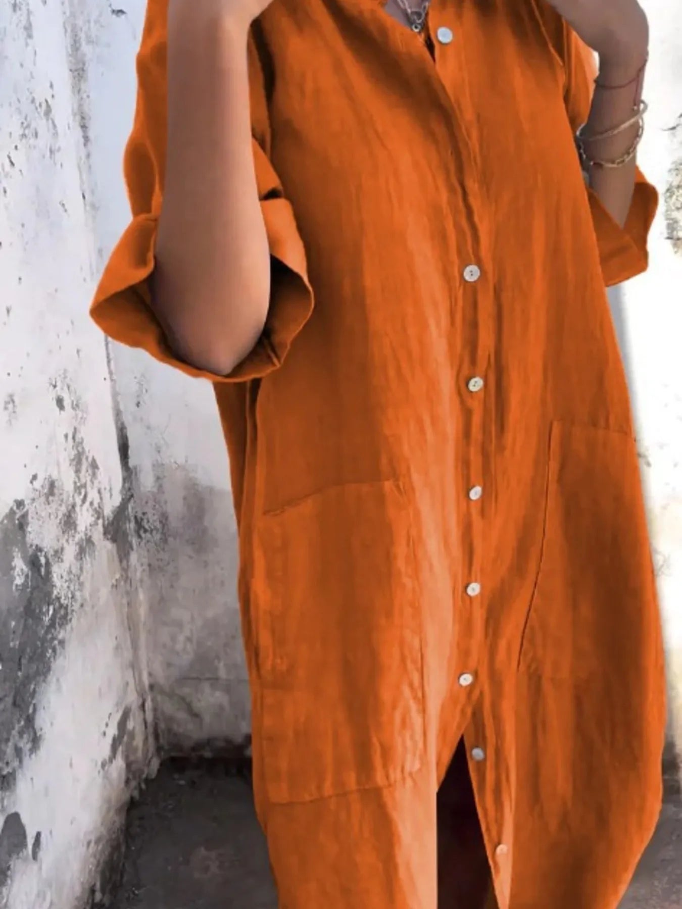 Marseille Linen Shirt Dress detail view styled for Avrienne