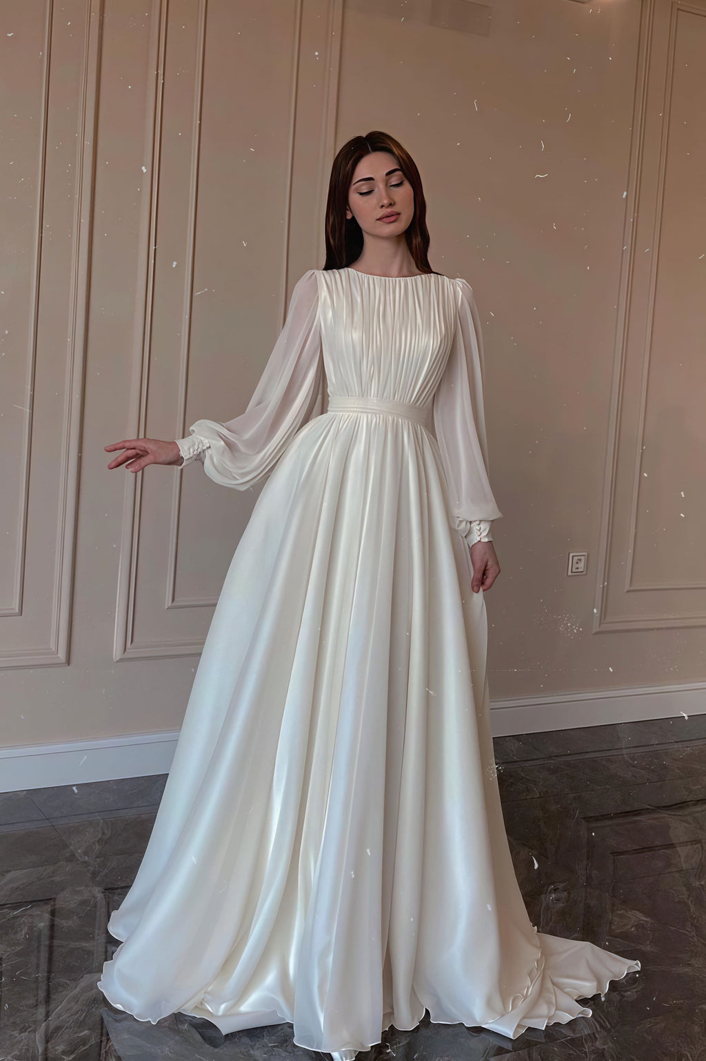 Minimalist Flowy Silky Retro Long Sleeve Reception Dress image 5