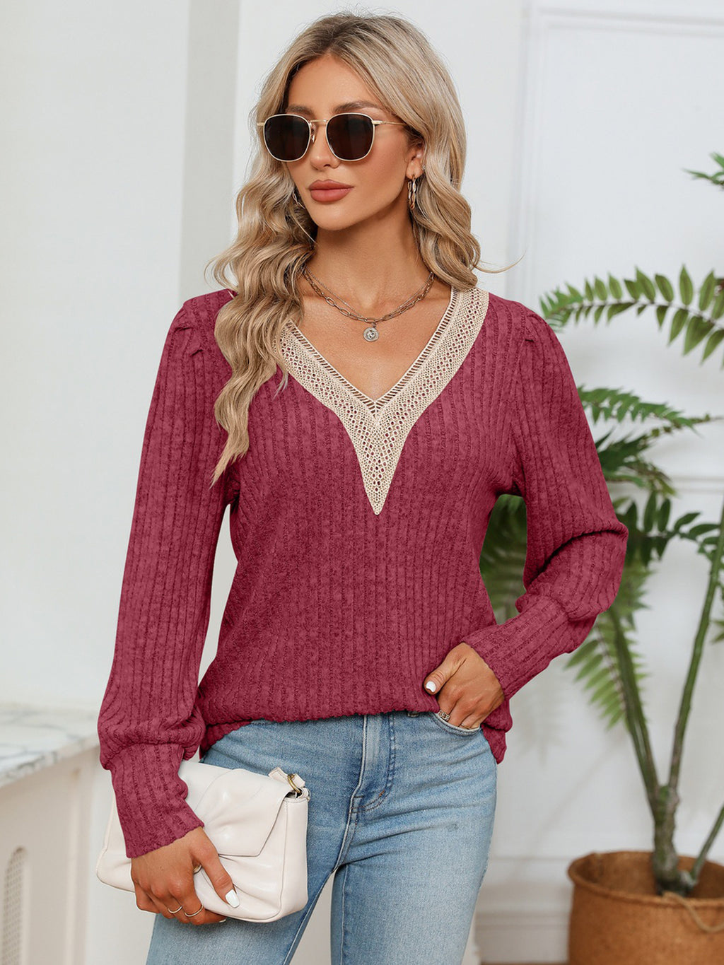 Rosalie Lace Ribbed Blouse detail view styled for Avrienne