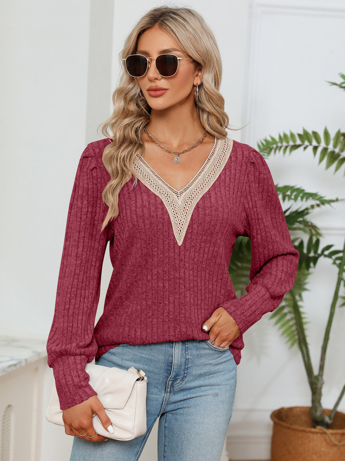 Rosalie Lace Ribbed Blouse detail view styled for Avrienne