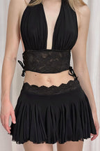 Solid Lace Deep V Slim Halter Skirt Set image 1