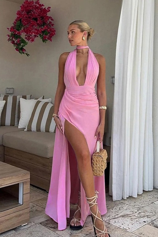 U Neck Halter Tie Ruched Slit Maxi Dress image 1