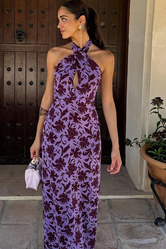 Backless Halter Print Slit Maxi Dress image 1