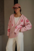 Fuzzy Daisy Jacquard Loose V-Neck Cardigan image 1