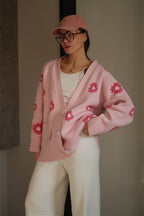 Fuzzy Daisy Jacquard Loose V-Neck Cardigan image 1