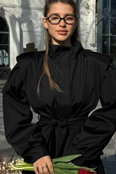 Tie-Waist Collared Long-Sleeve Loose Trench Coat image 6