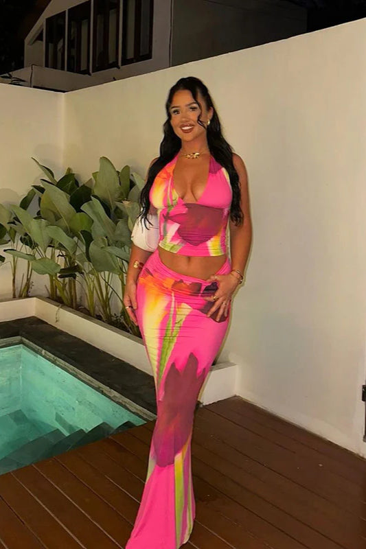 Halter Neck Printed Crop Top Bodycon Maxi Dress image 2