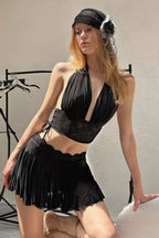 Solid Lace Deep V Slim Halter Skirt Set image 3