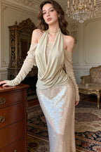 Sexy Off Shoulder Sequin Top With High Rise Skirt Sets image 1