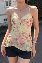 Ruched V Neck Floral Mesh Cami Top image 1