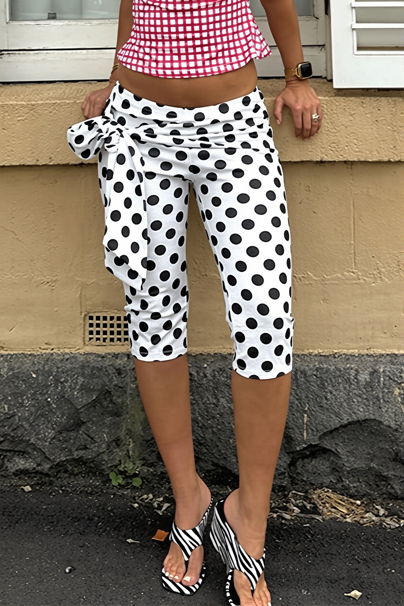 Polka Dot Print Tie Cropped Pants image 3