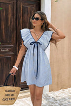 Striped V Neck Ruffle Flutter Sleeve Mini Dress image 2