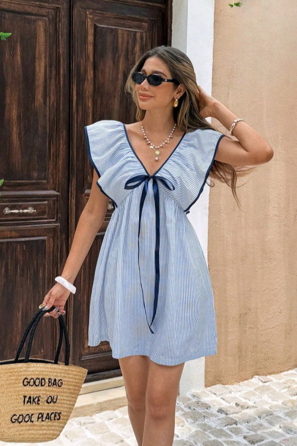 Striped V Neck Ruffle Flutter Sleeve Mini Dress image 2