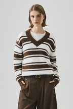 Striped V Neck Loose Long Sleeve Knit Sweater image 1