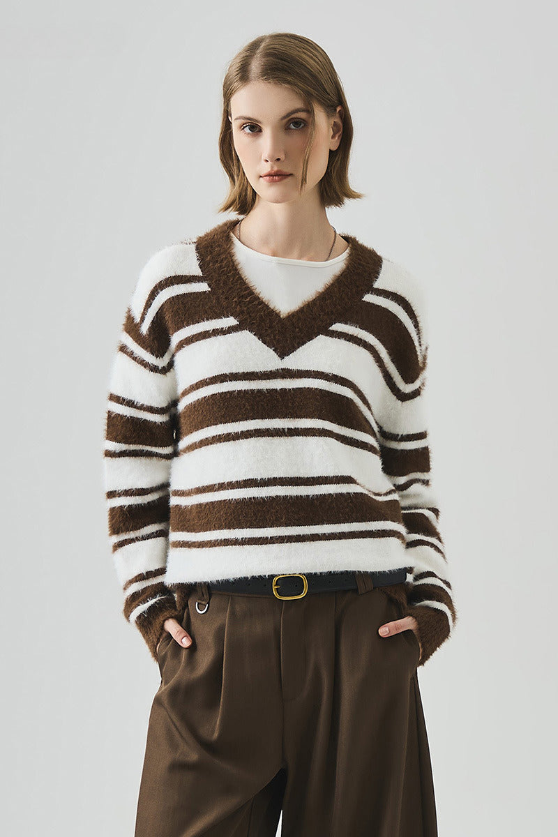 Striped V Neck Loose Long Sleeve Knit Sweater image 1