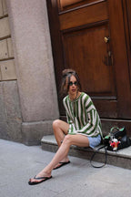 Green White Vertical Stripe Tie Waist Knit Sweater image 3