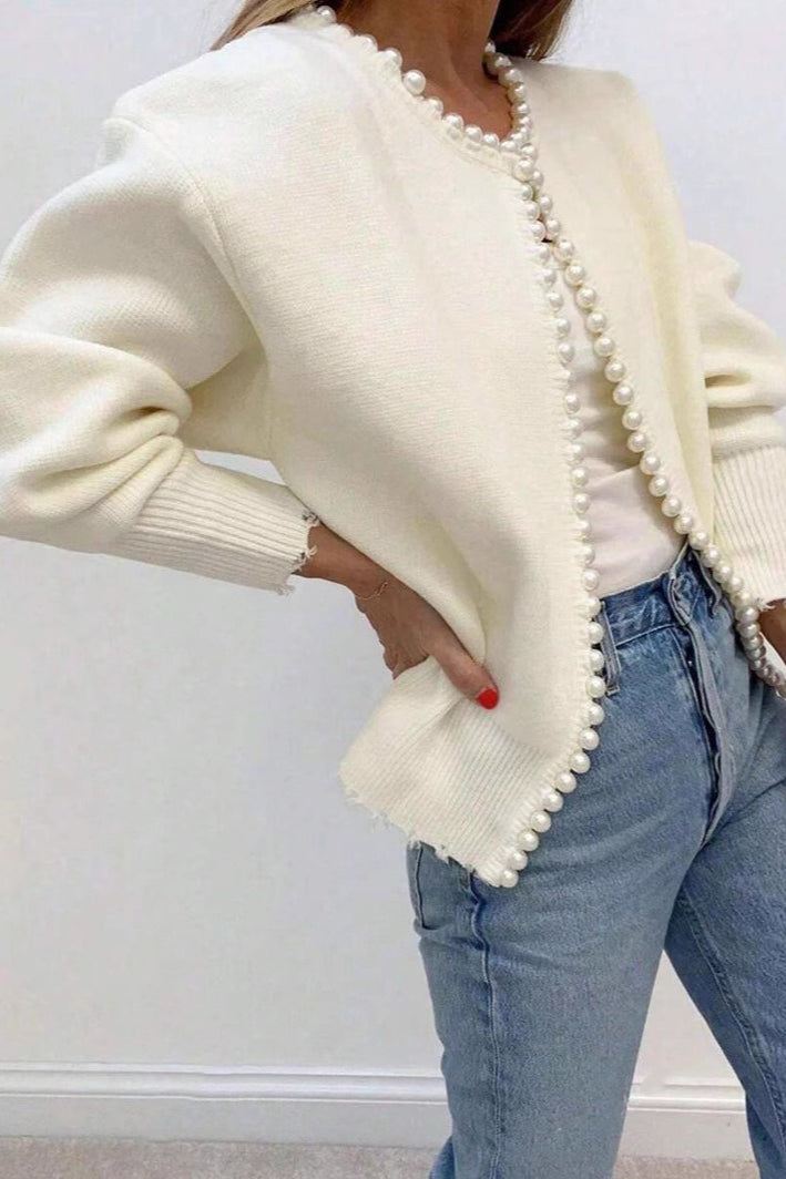Pearl-Trimmed Crew-Neck Heavy-Detail Knit Cardigan image 3